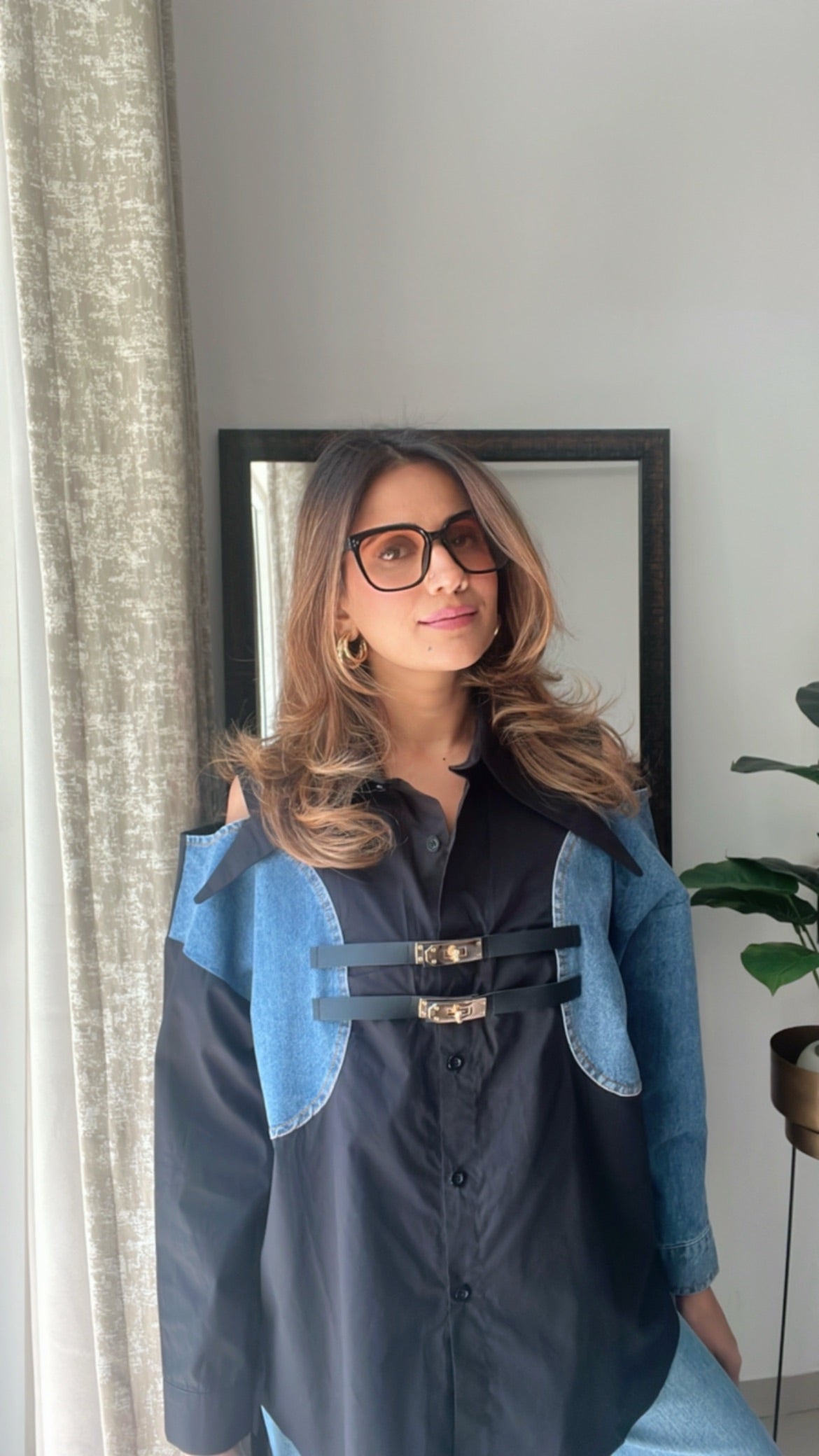 Denim Shoulder Cut Belt detailed Poplin Shirt