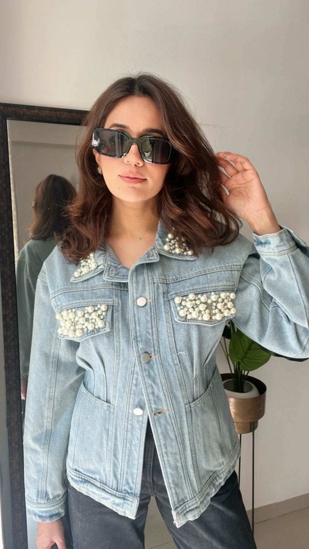 Pearl Detailed Denim Fall Jacket
