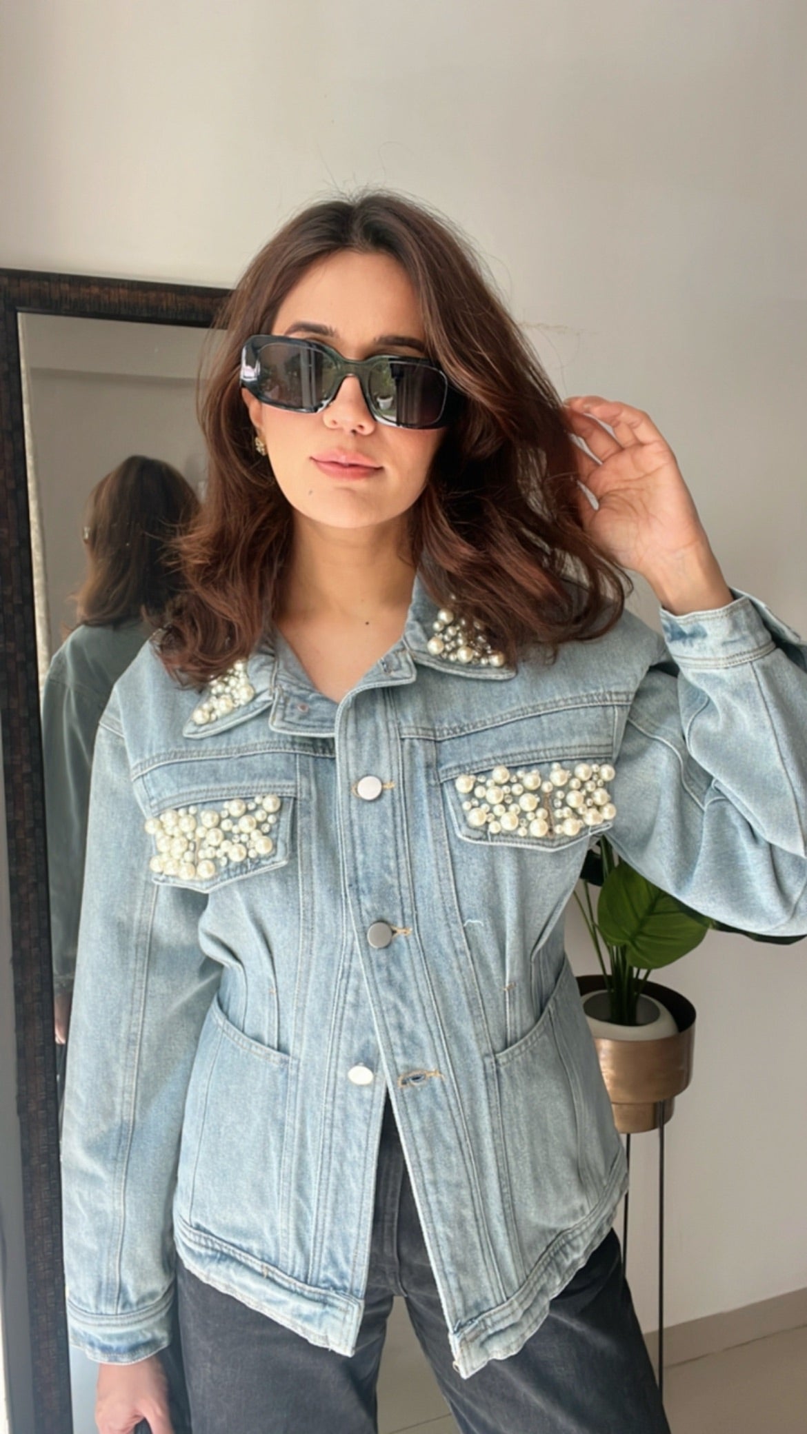 Pearl Detailed Denim Fall Jacket