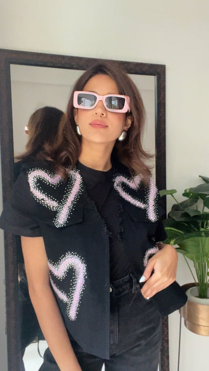 Pink Heart Swarovski Denim Fall Vest