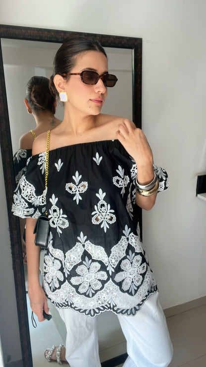 Off Shoulder Cutwork Poplin Top
