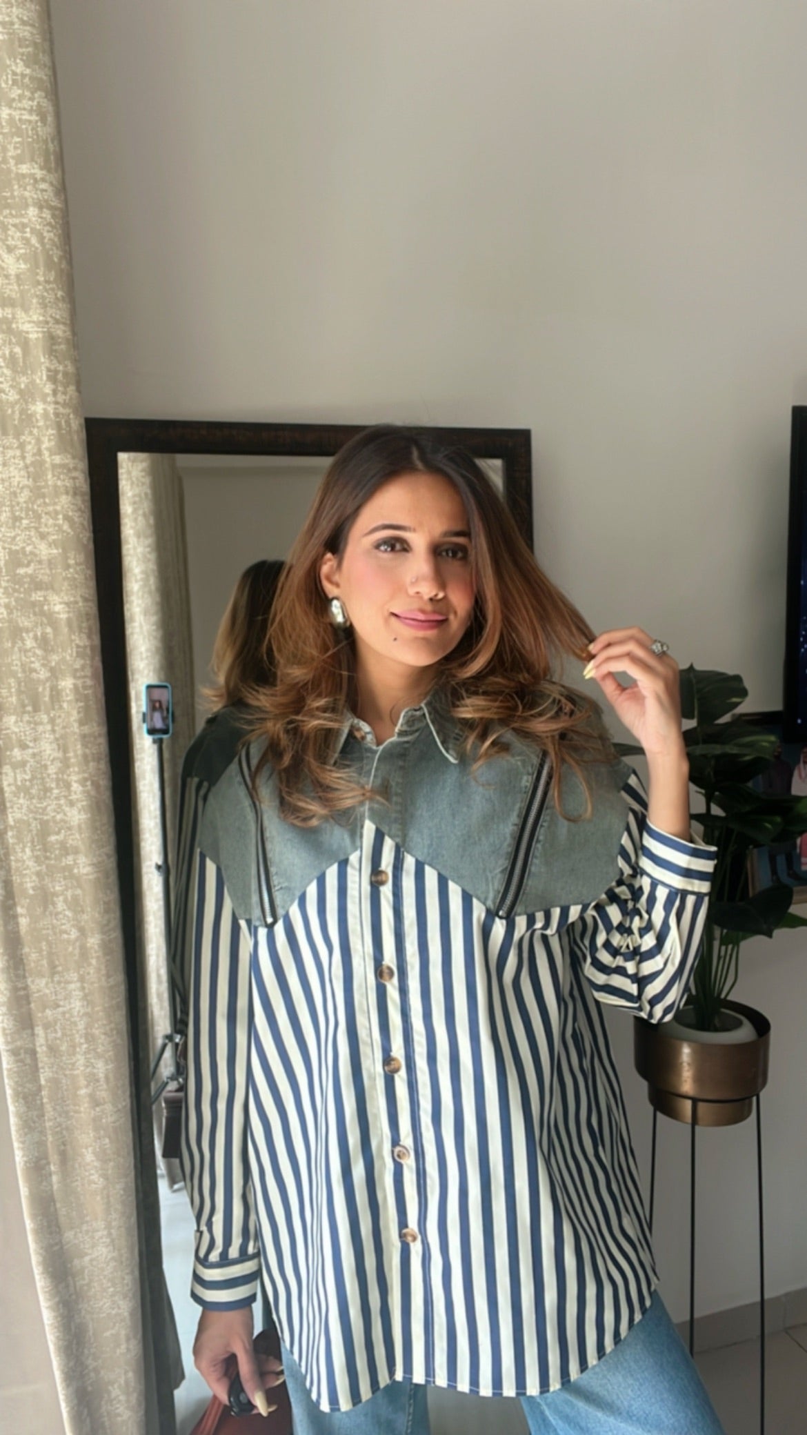 Denim Zipper detailed Poplin Shirt