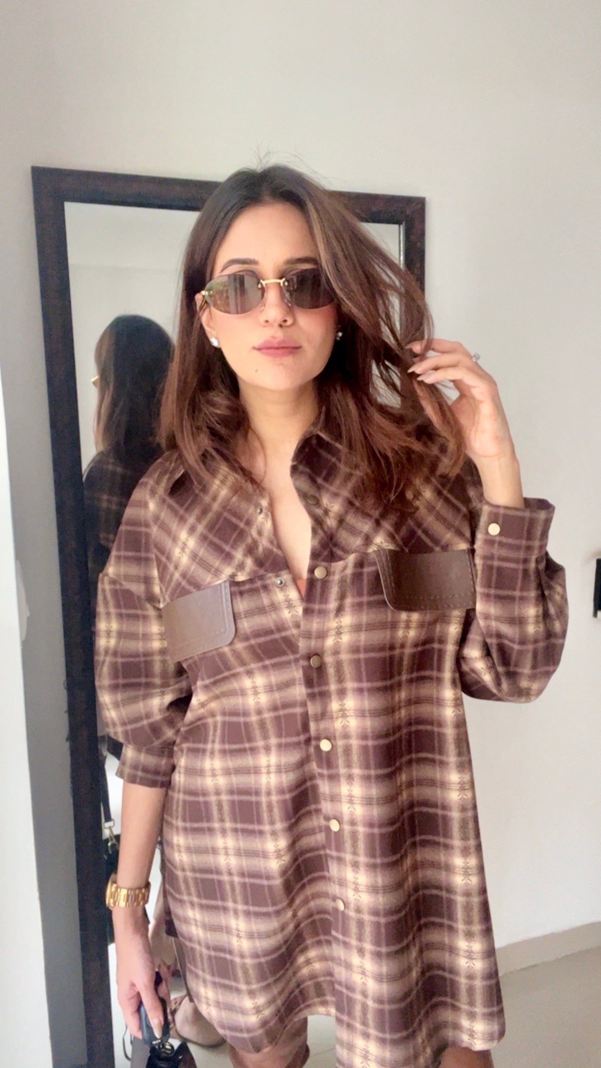 Plaid Leather Pocket Fall Shirt