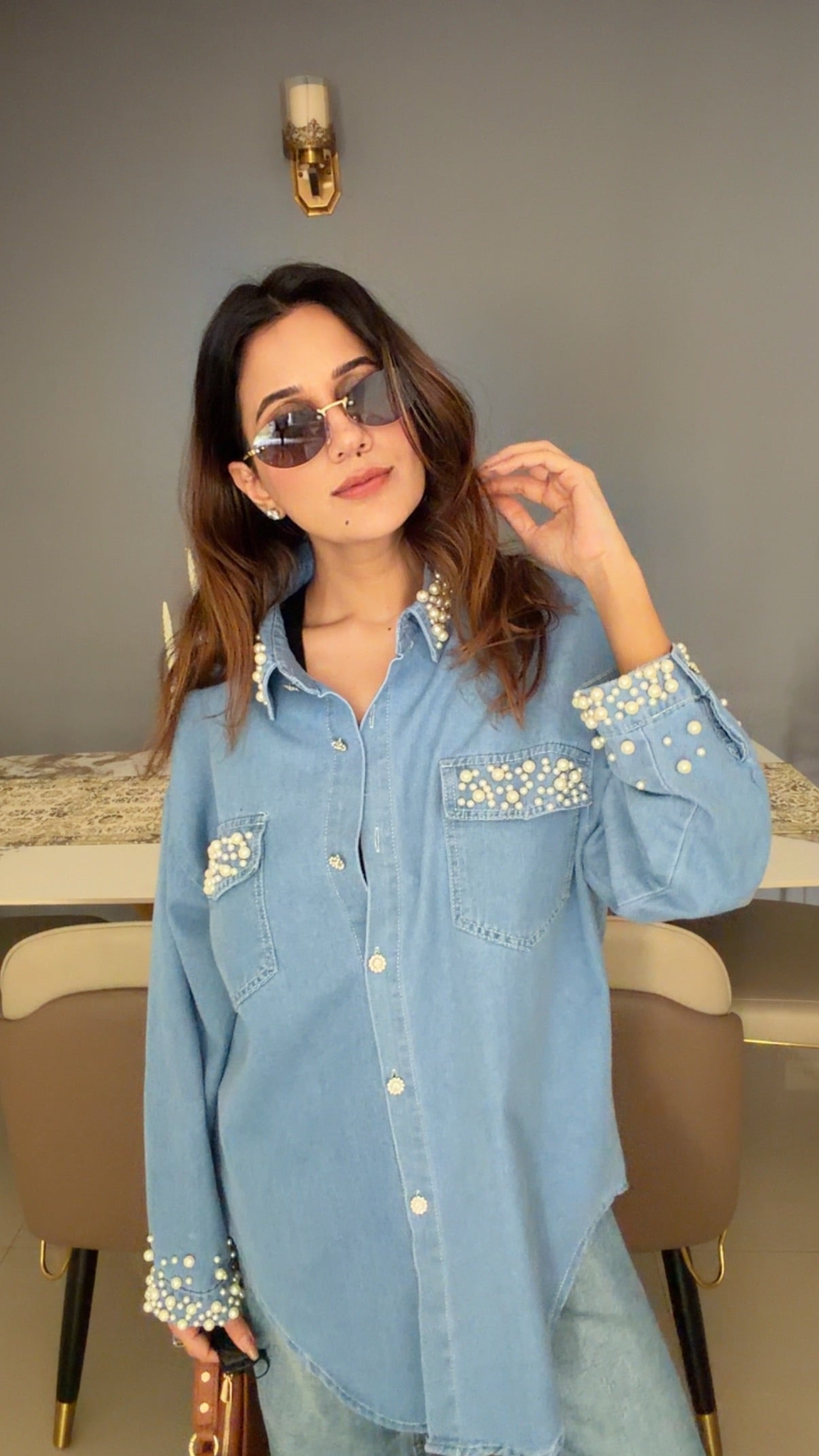 Pearl Embedded Denim Shirt