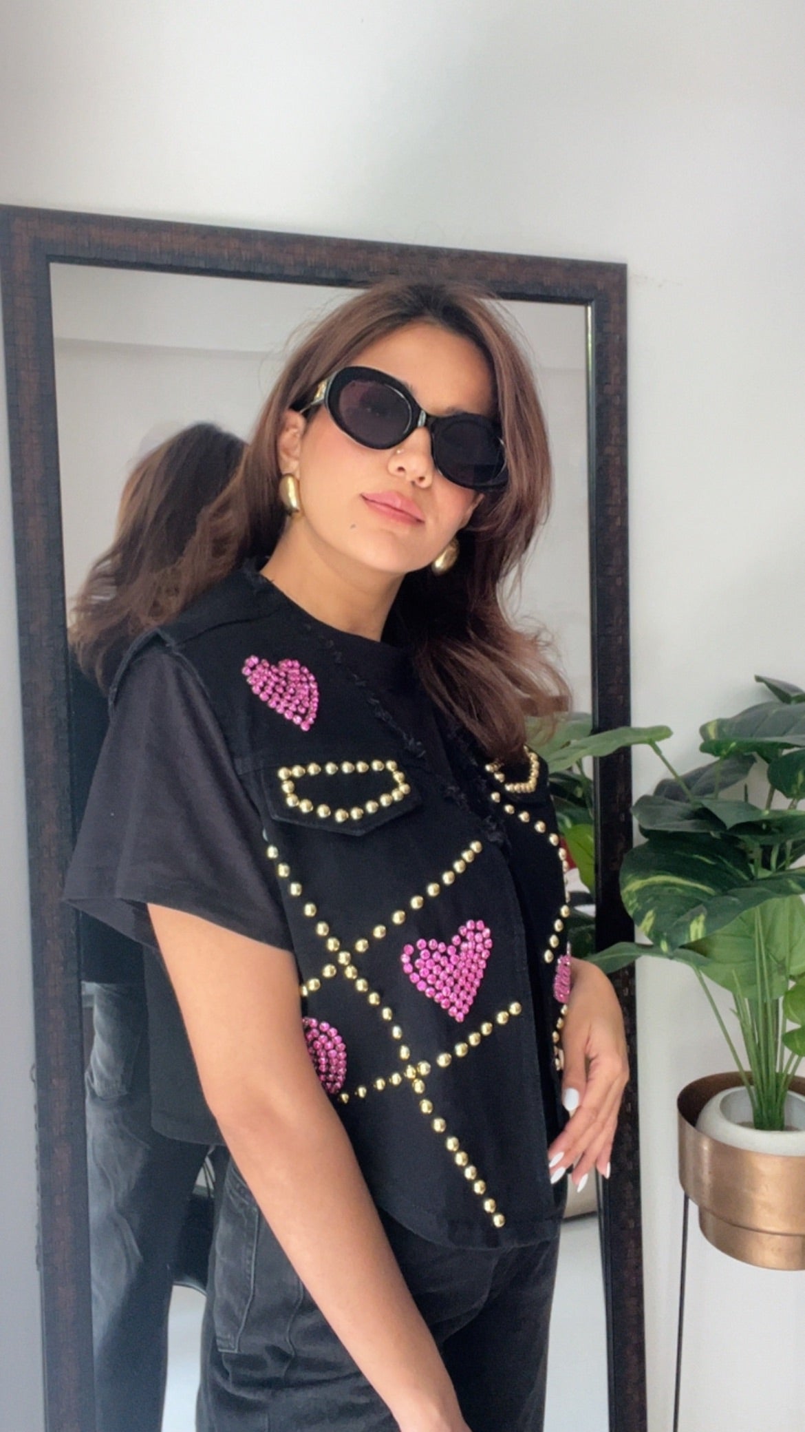 Gold Metal Pink Heart Denim Fall Vest
