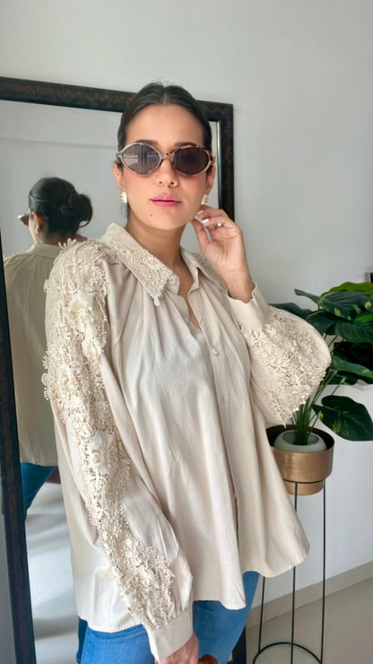 Flower Crochet Patch Linen Shirt