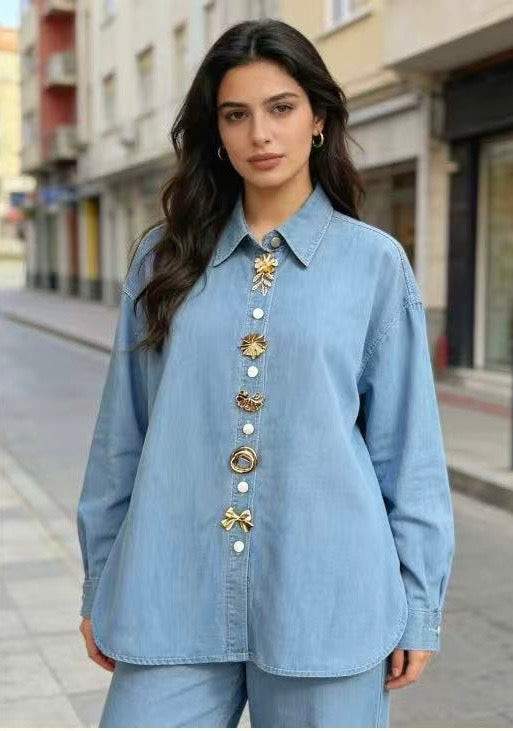 Ornate Button Denim Shirt