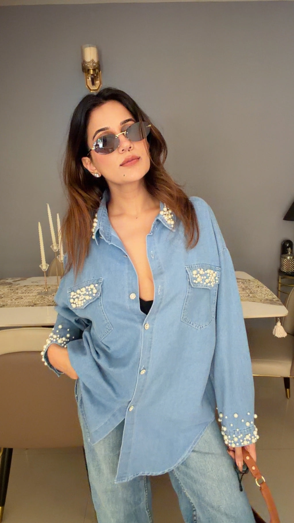 Pearl Embedded Denim Shirt
