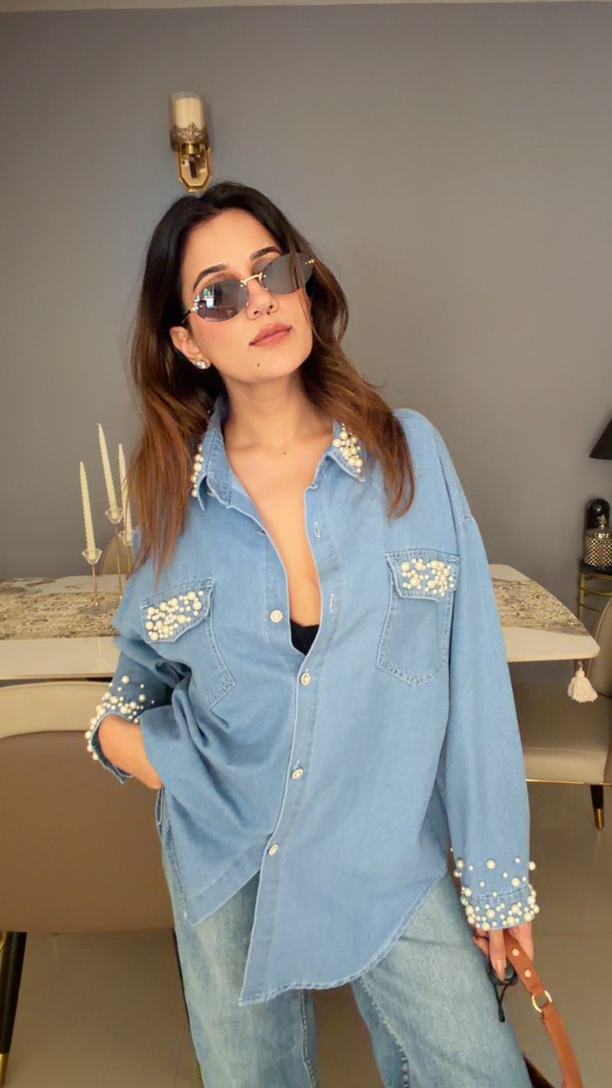 Pearl Embedded Denim Shirt