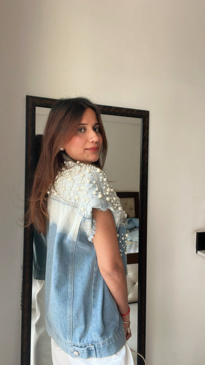 Pearl Embellished Denim Fall Jacket