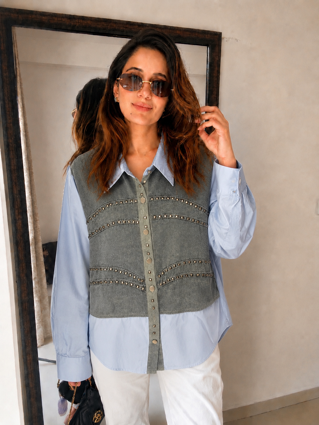 Stud Detail Denim Poplin Shirt