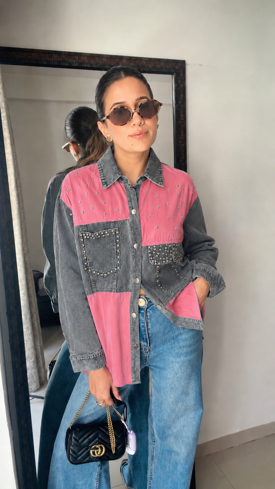 Studded Denim Contrast Statement Shirt