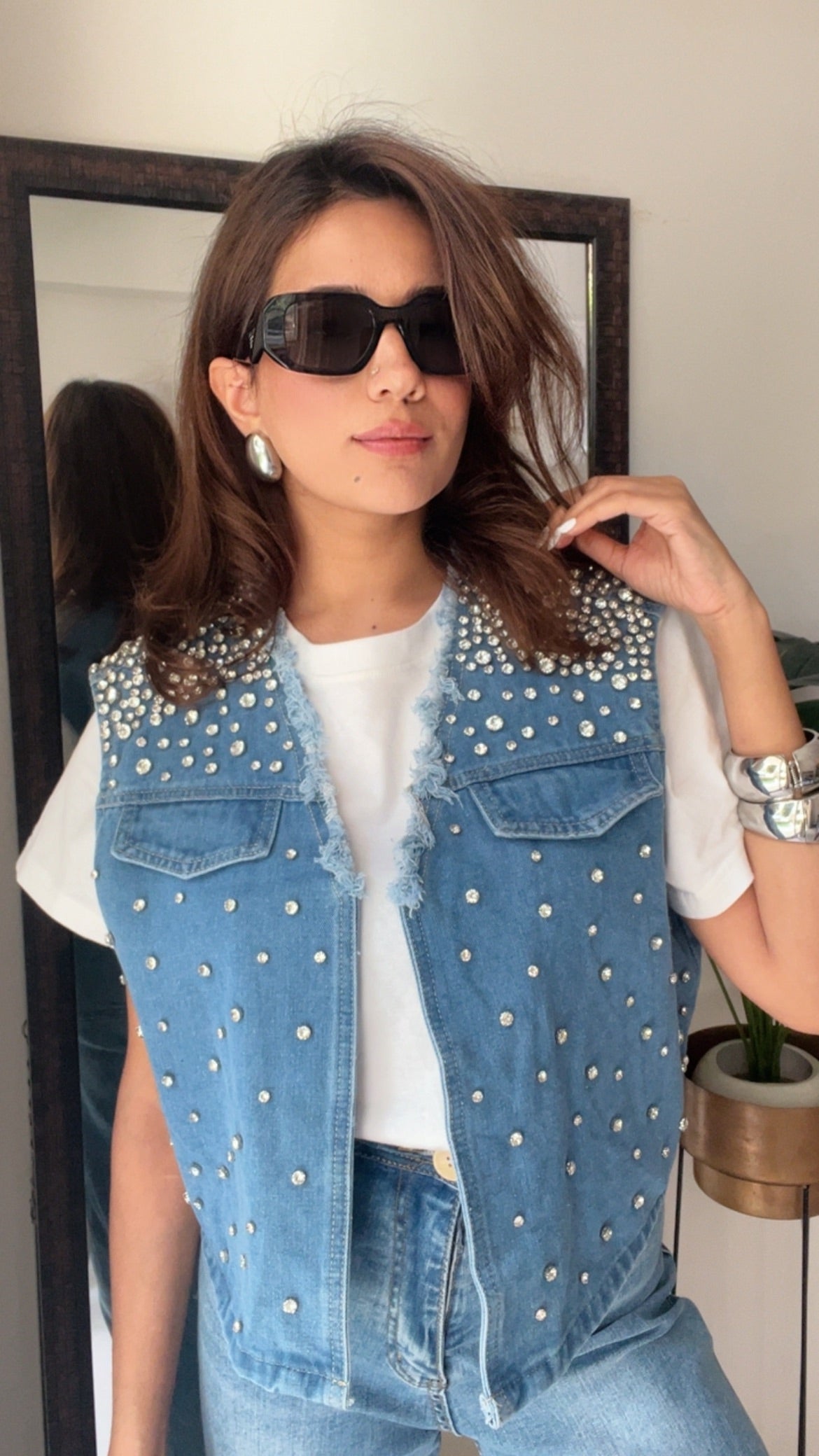Diamond Studded Denim Fall Vest