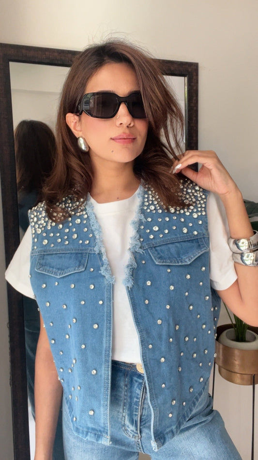 Diamond Studded Denim Fall Vest