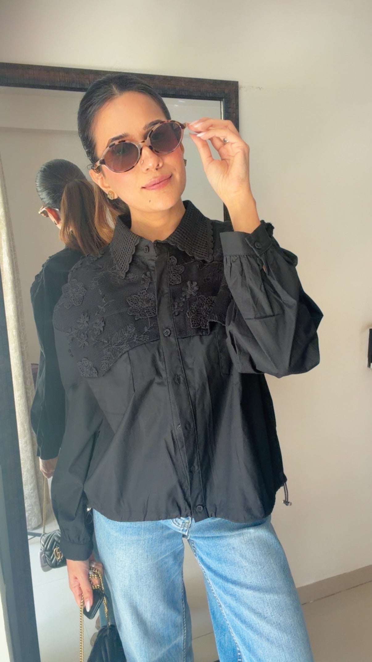 Flower Embedded Poplin Shirr