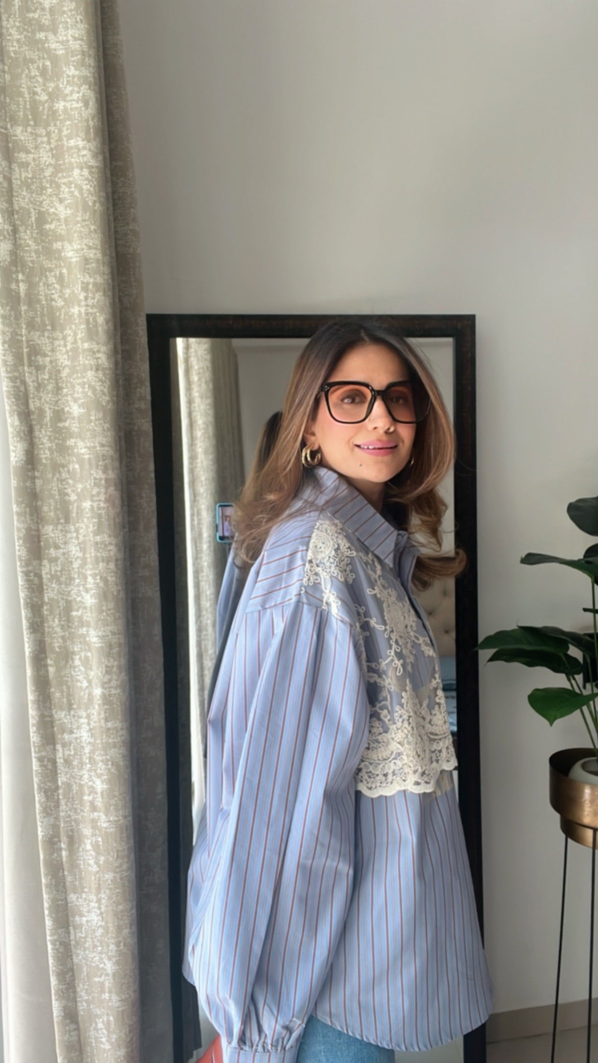 Lace Detailed Oversized Poplin Shirt