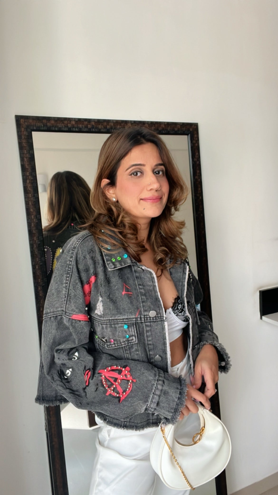 Colorblock Quirky Text Denim Fall Jacket