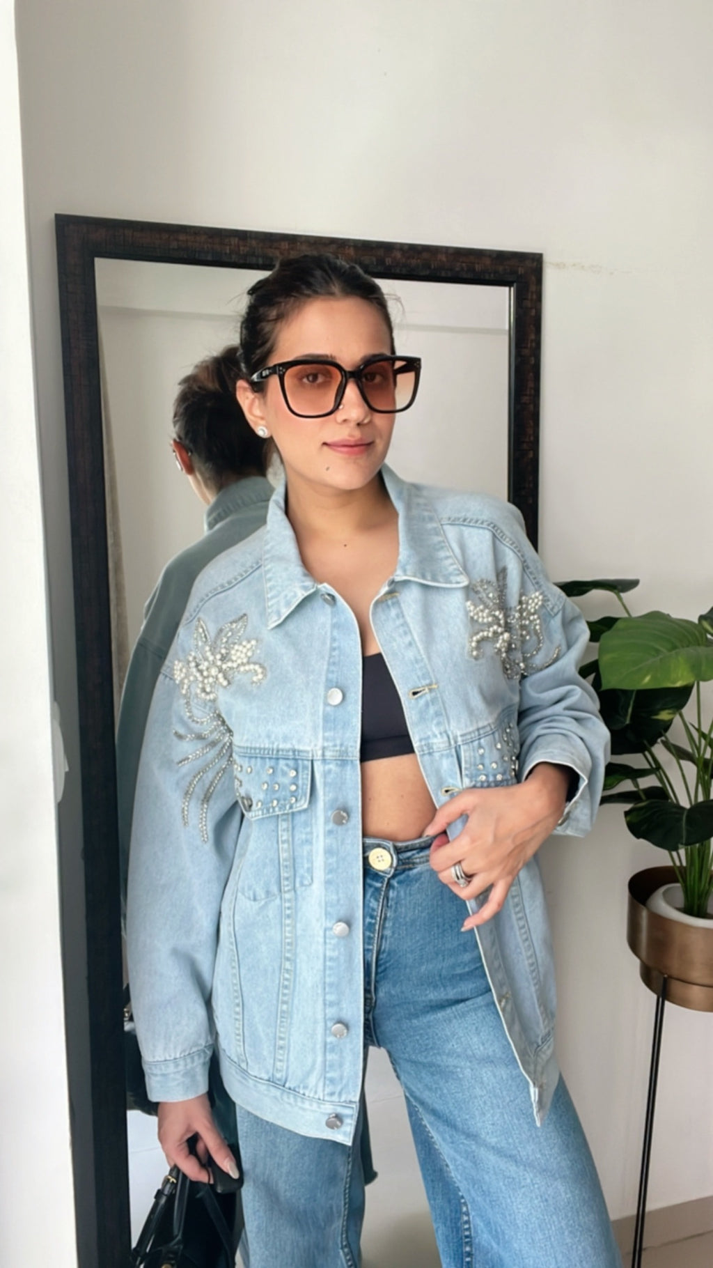 Pearl Embroidered Denim Fall Jacket