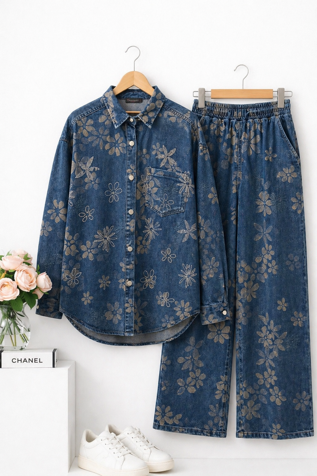 Denim Swarovski Studded Flower Co-ord Set