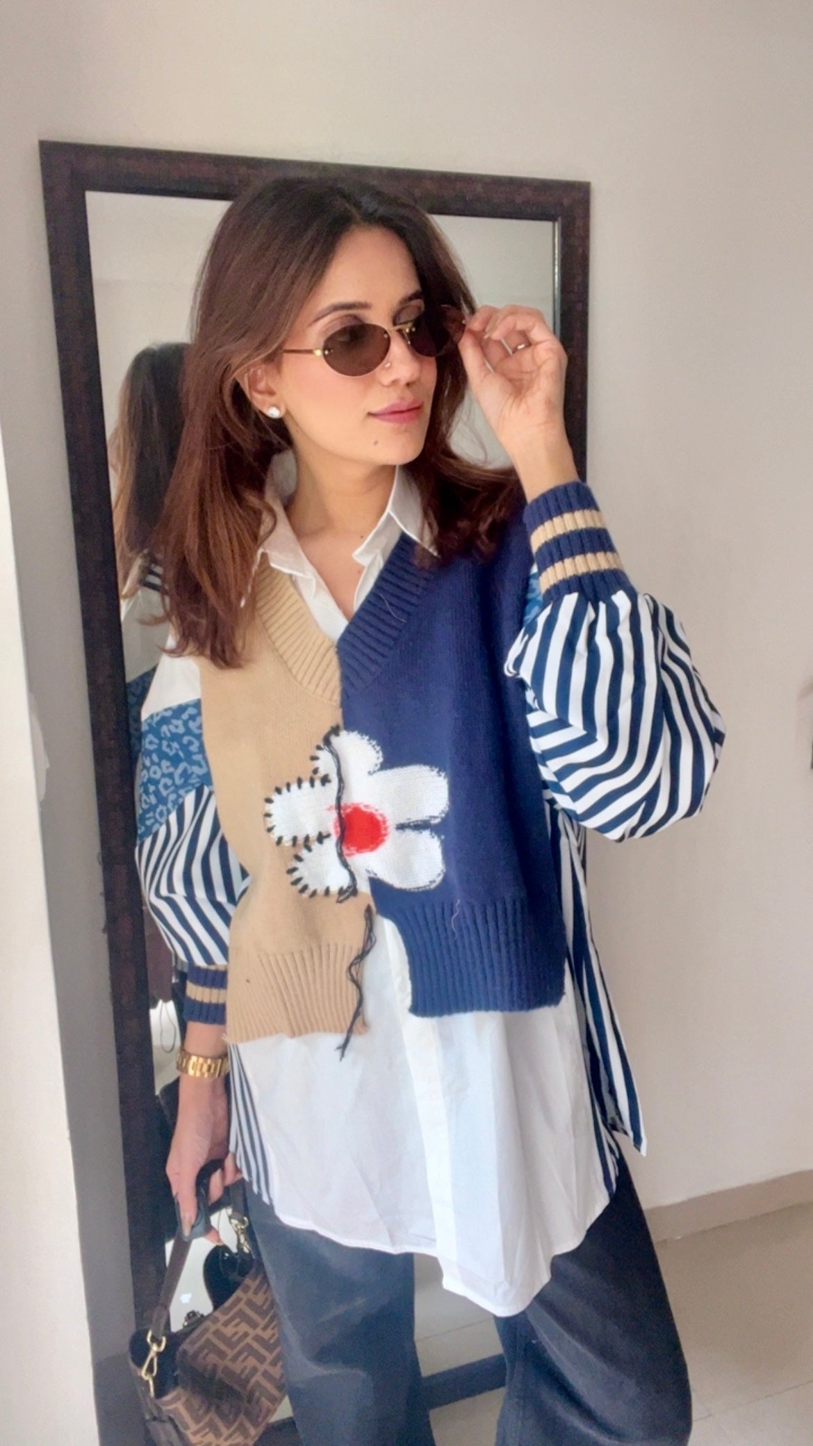 Stripe Knit Vest Poplin Fall Shirt