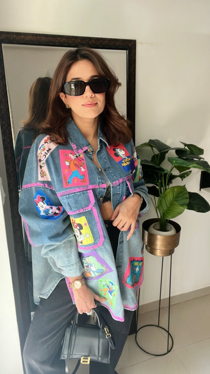 Cartoon Colorblast Oversized Denim Fall Jacket