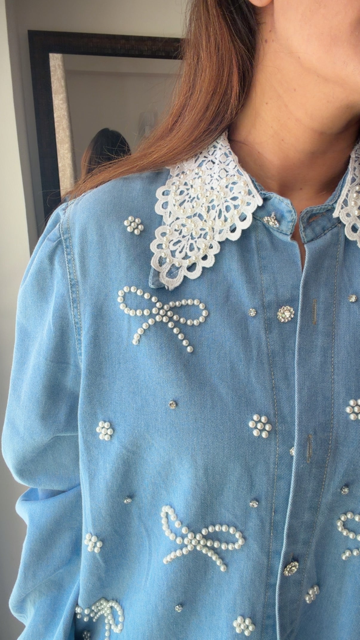 Bowknot Pearl Embellished Denim Shirt