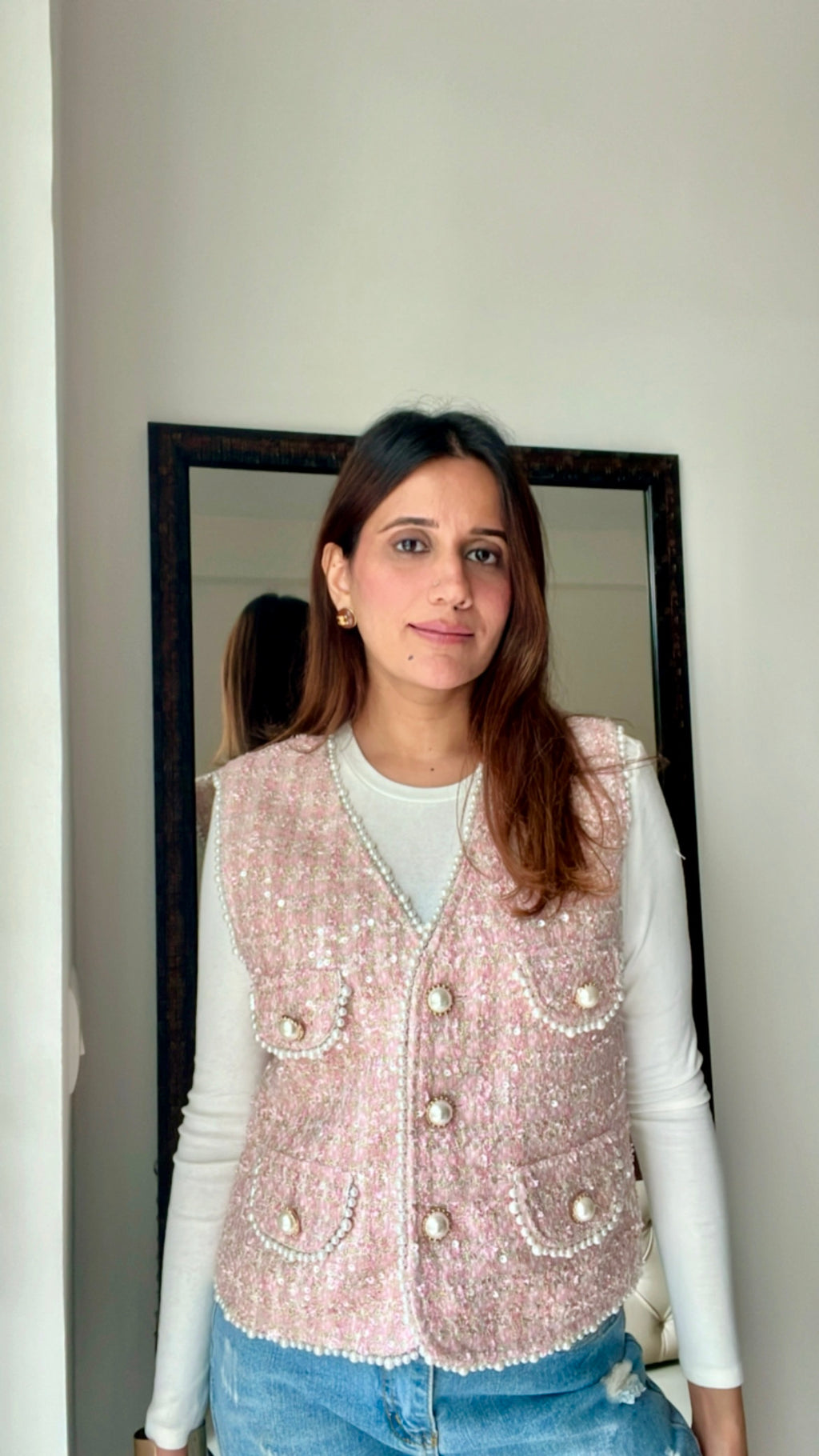 Pearl Embellished Tweed Fall Vest