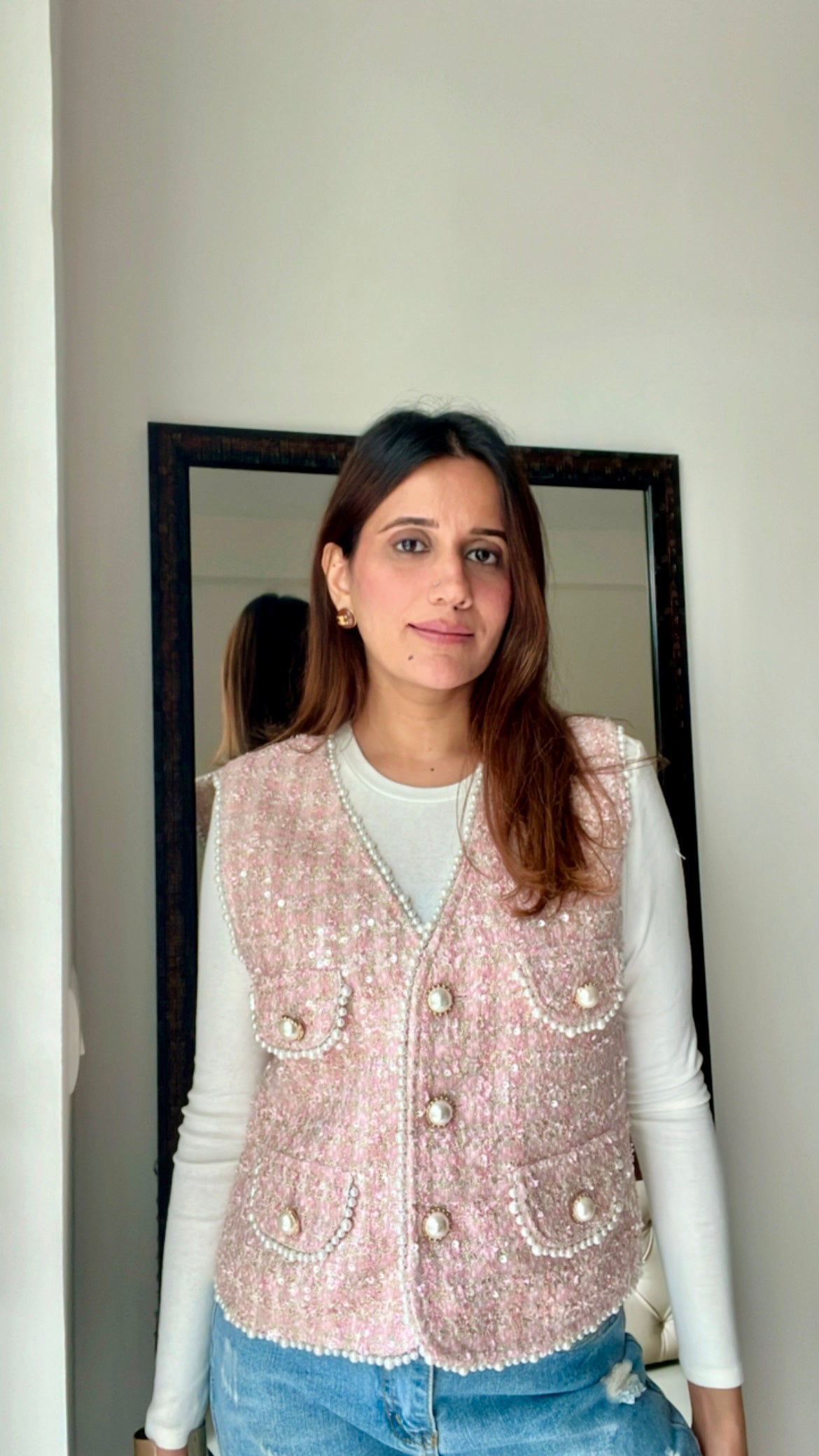 Pearl Embellished Tweed Fall Vest