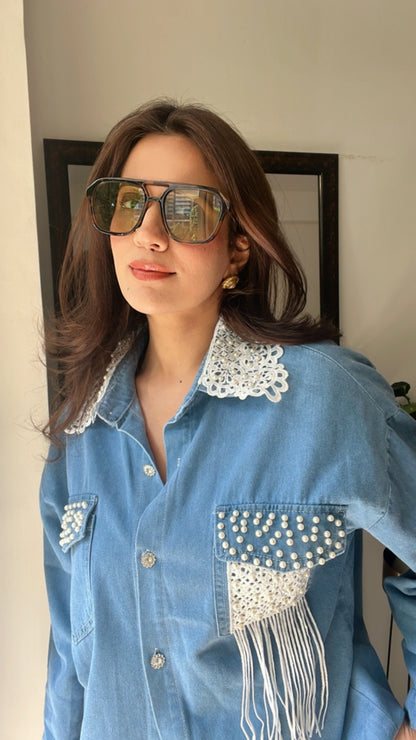 Fringed Pearl and Lace Denim Shirt