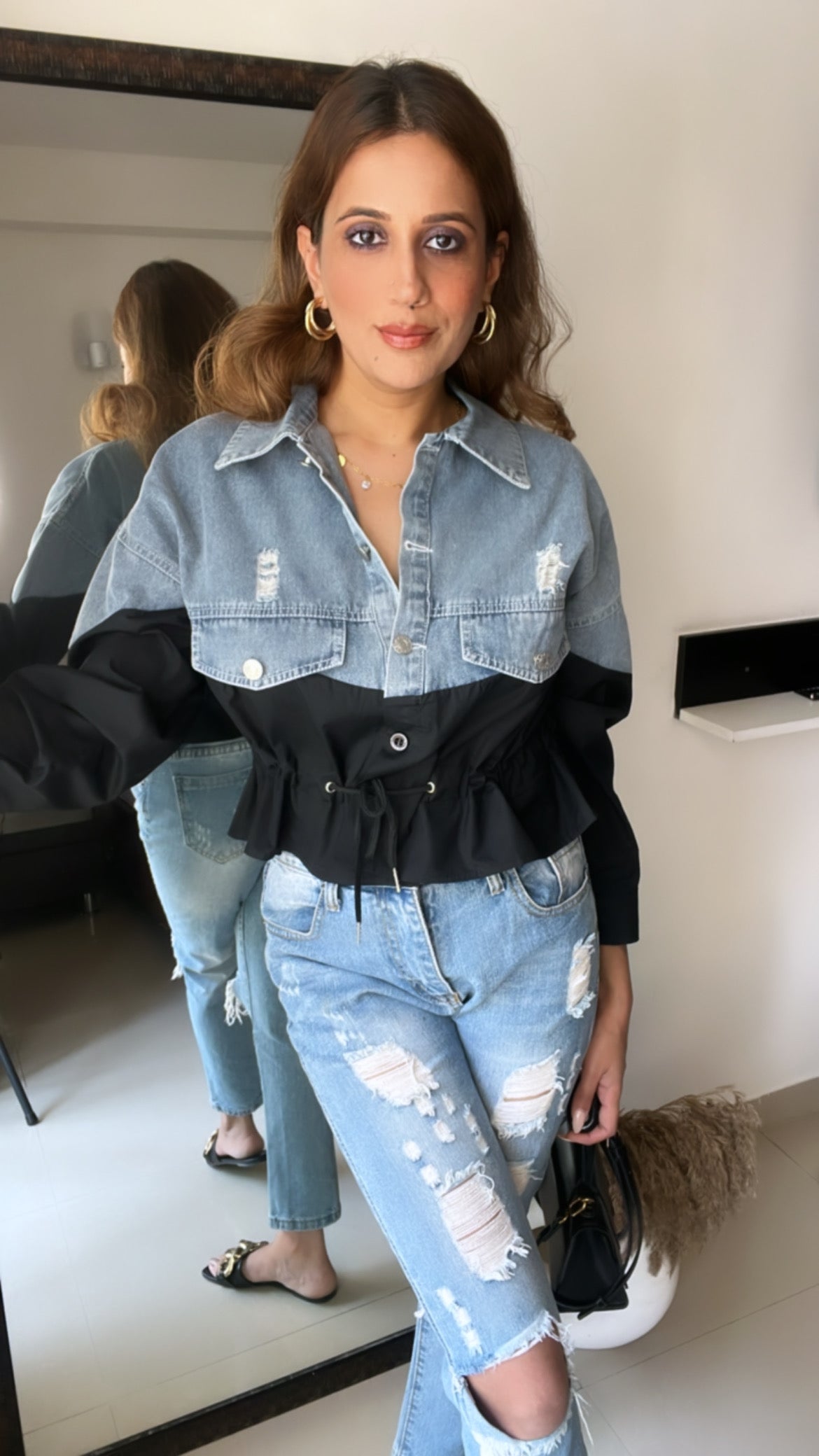 Drawstring Denim Poplin Shirt