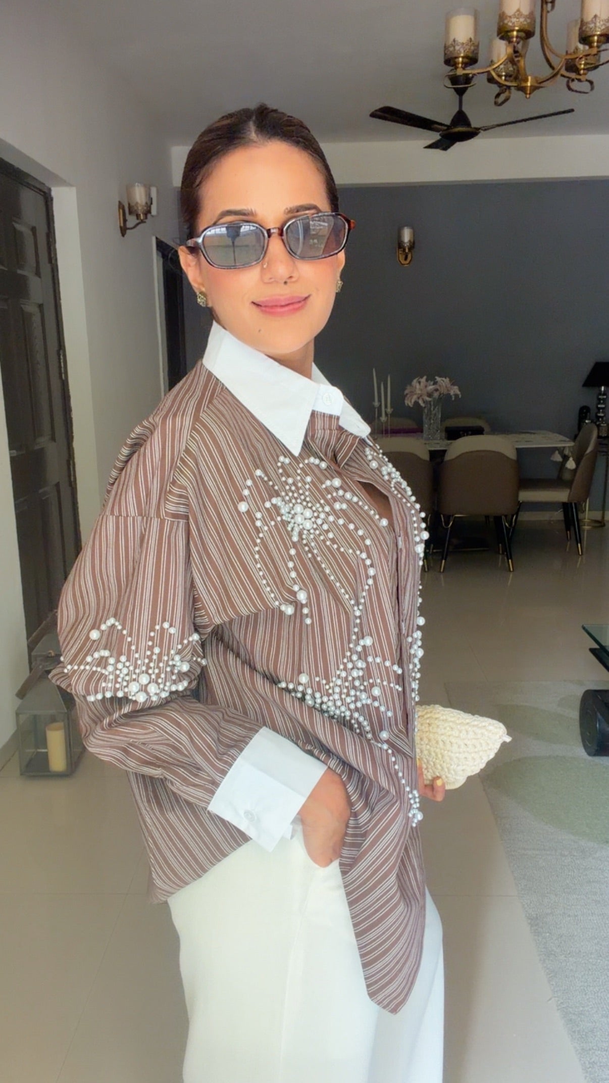 Pinstripe Pearl Detailed Poplin Shirt