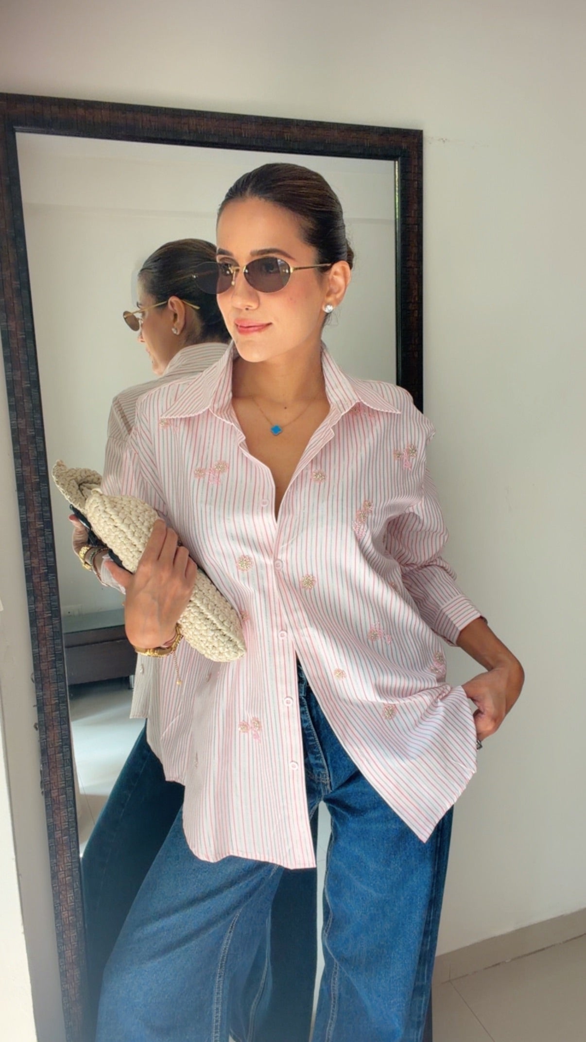 Embroidered Motif Pinstripe Poplin Shirt