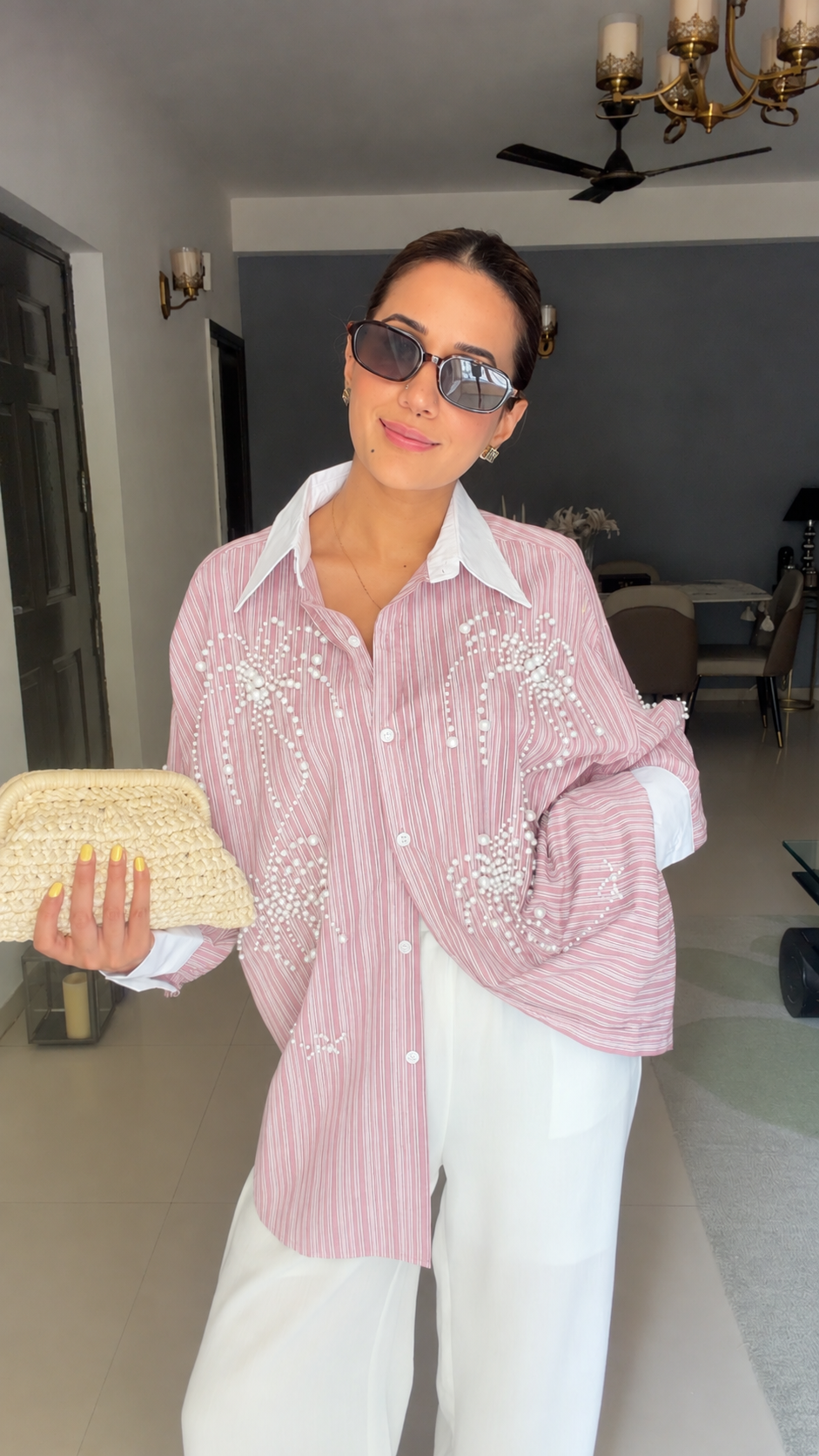 Pinstripe Pearl Detailed Poplin Shirt