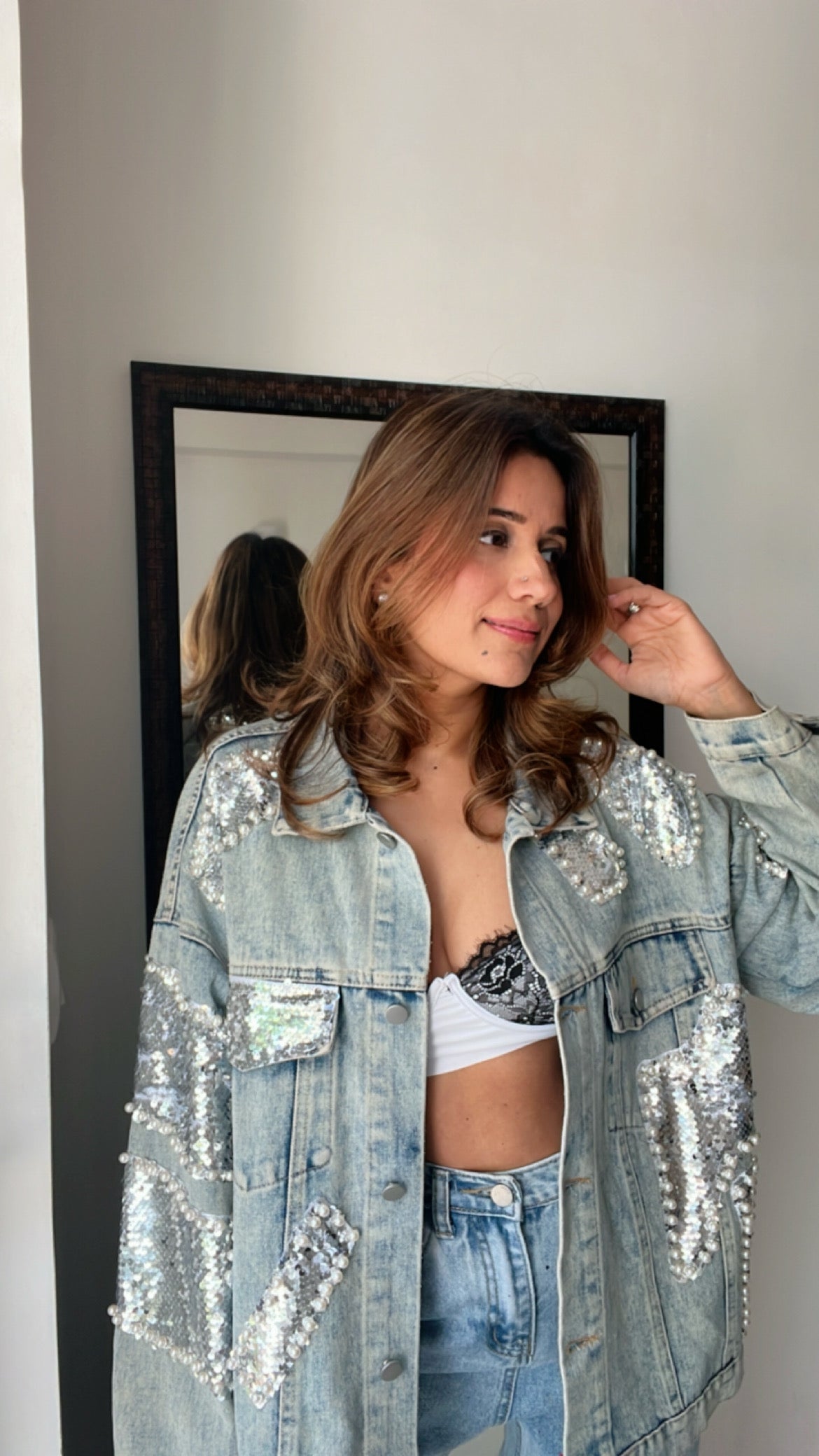 Sequin Patched Denim Fall Jacket
