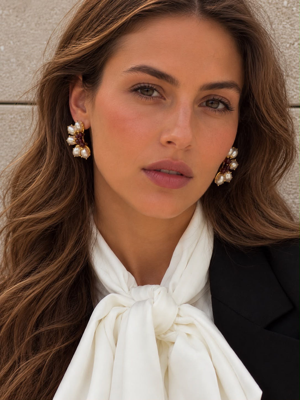 Pearl & Burgundy Stone Stud Earrings