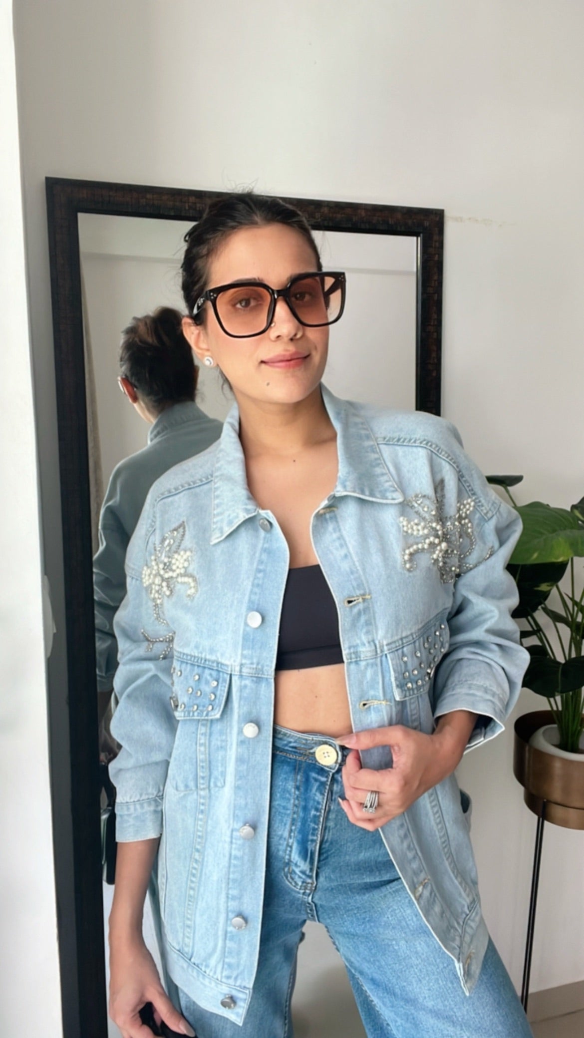 Pearl Embroidered Denim Fall Jacket