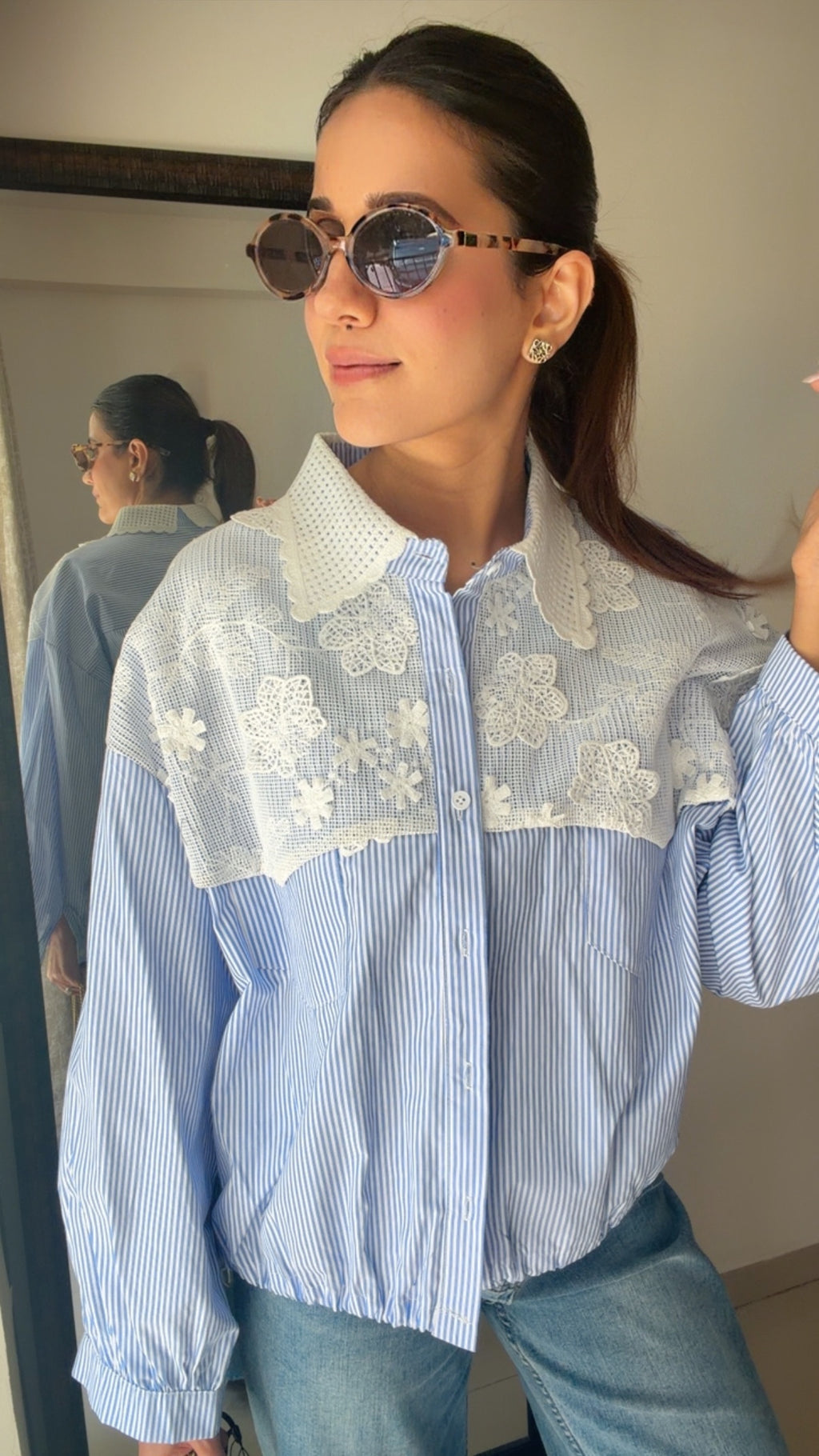 Flower Embedded Poplin Shirr