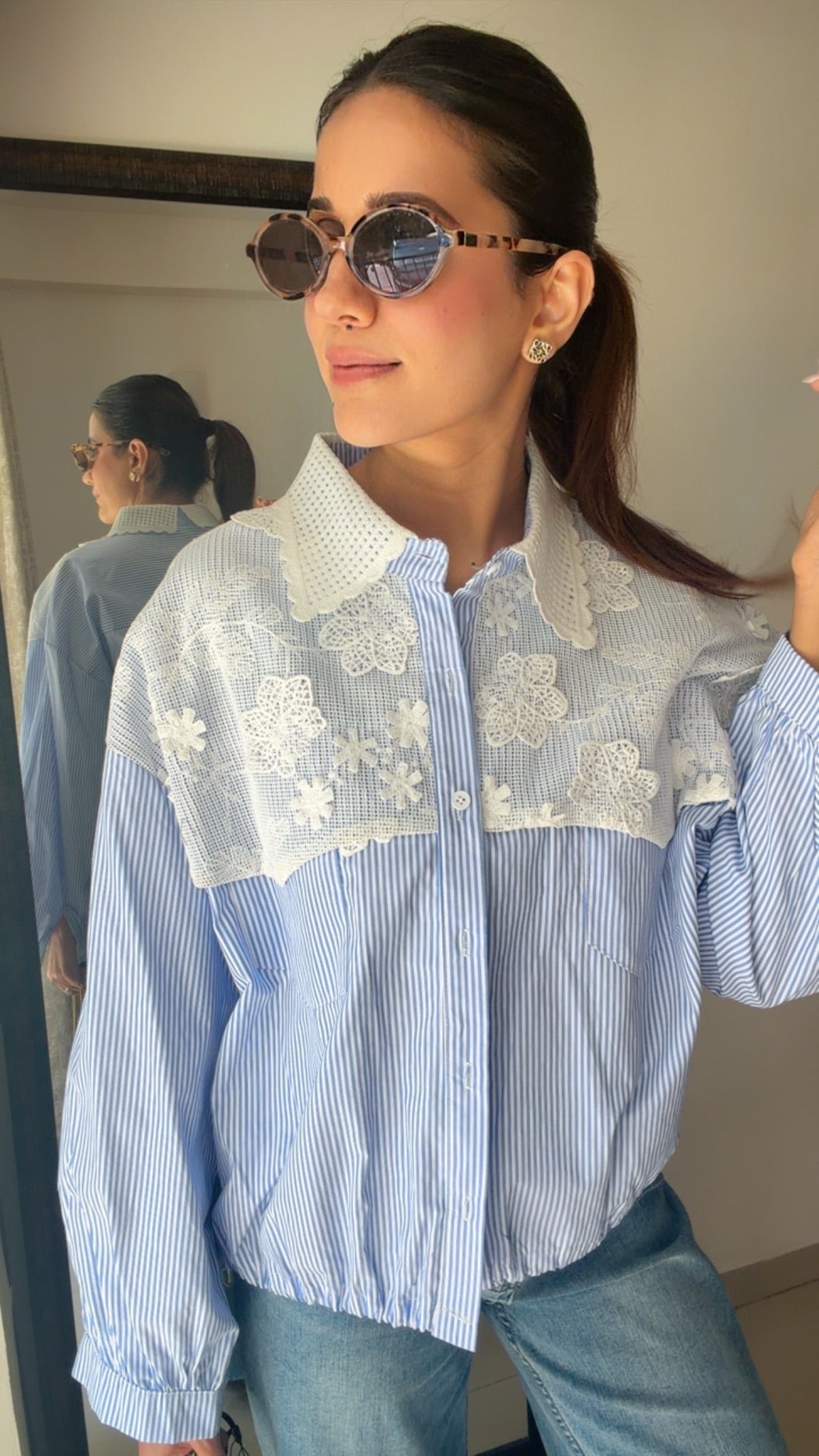 Flower Embedded Poplin Shirr