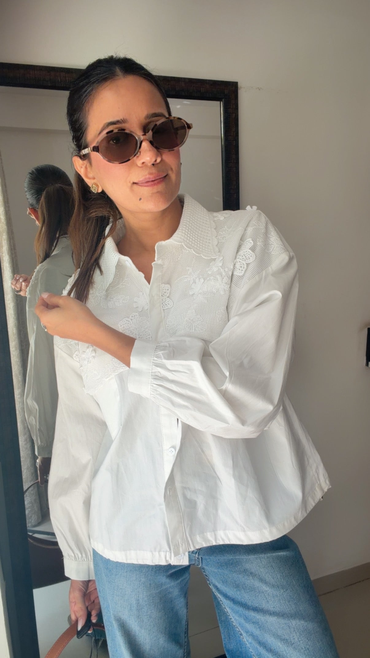 Flower Embedded Poplin Shirr