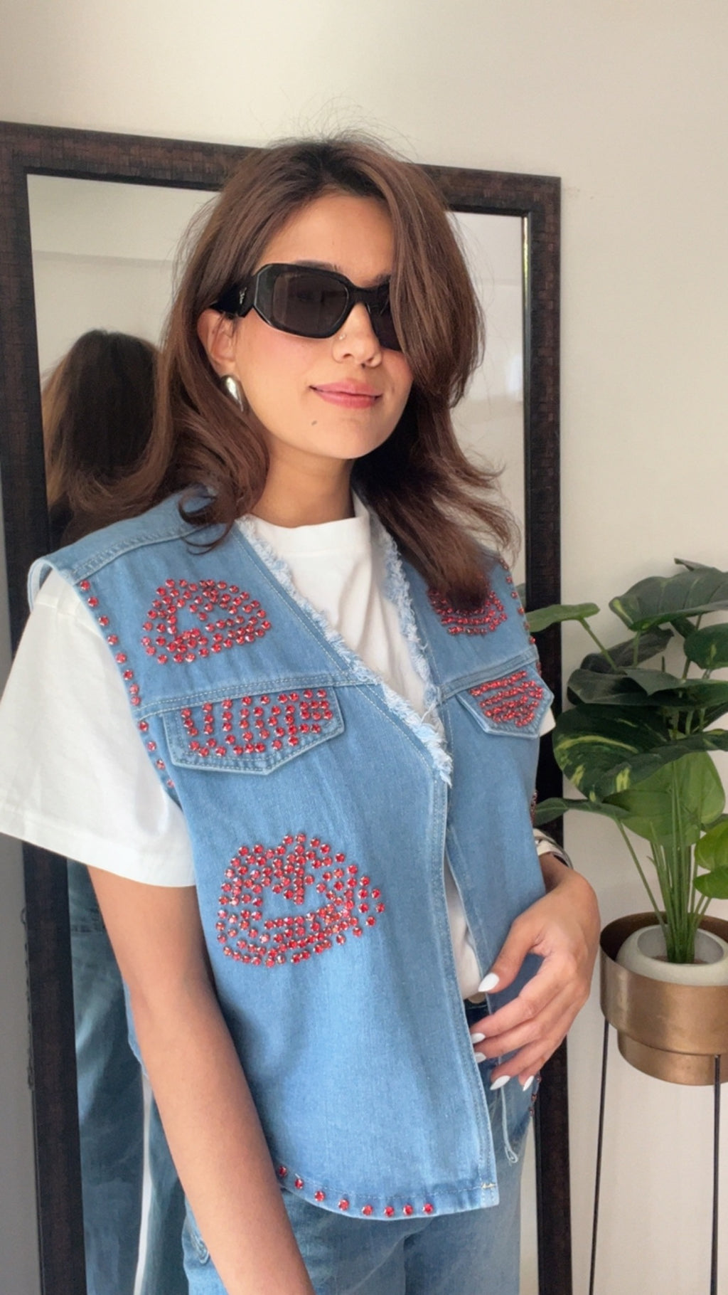 Red Studded Lips Denim Fall Vest
