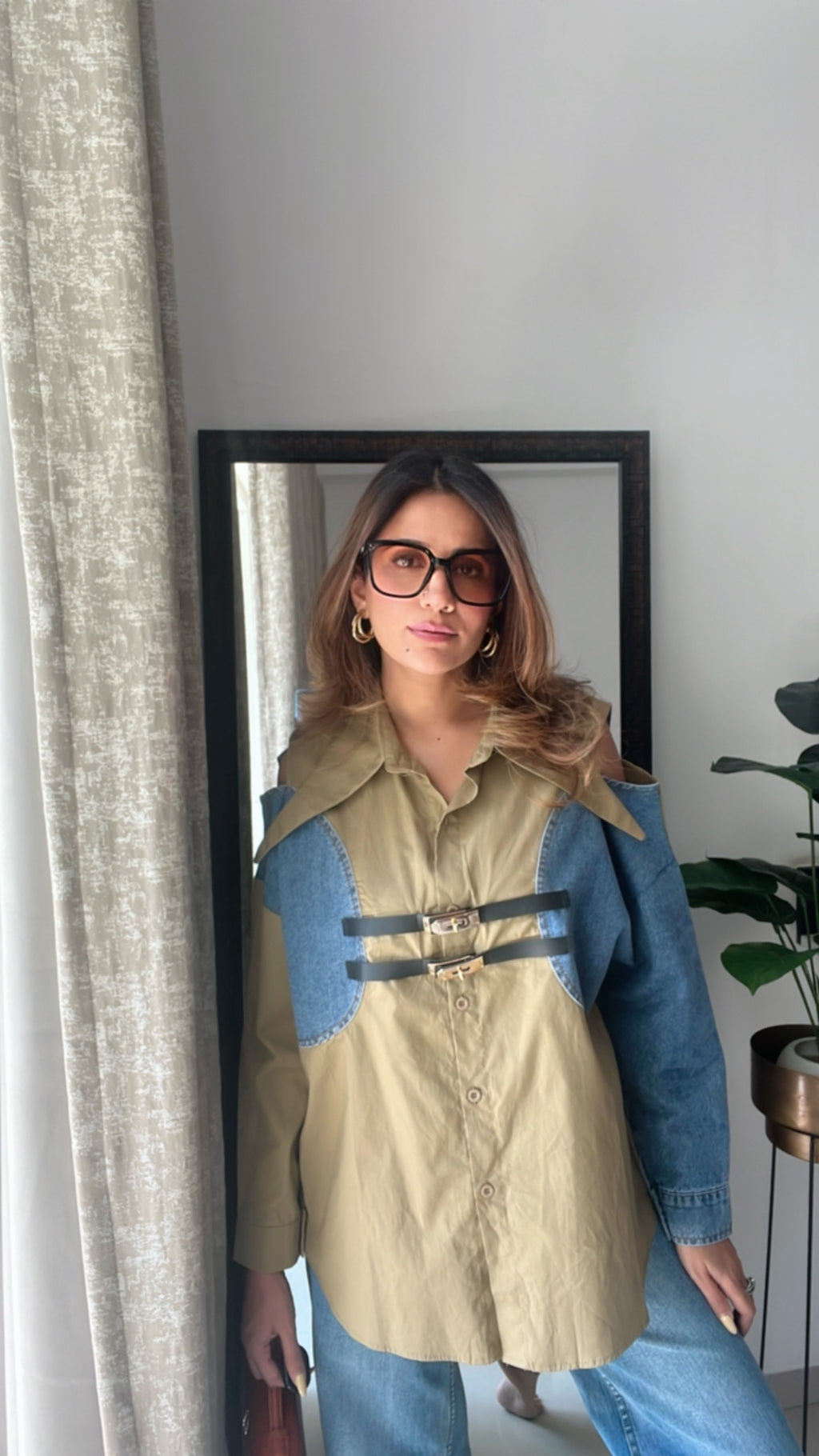 Denim Shoulder Cut Belt detailed Poplin Shirt