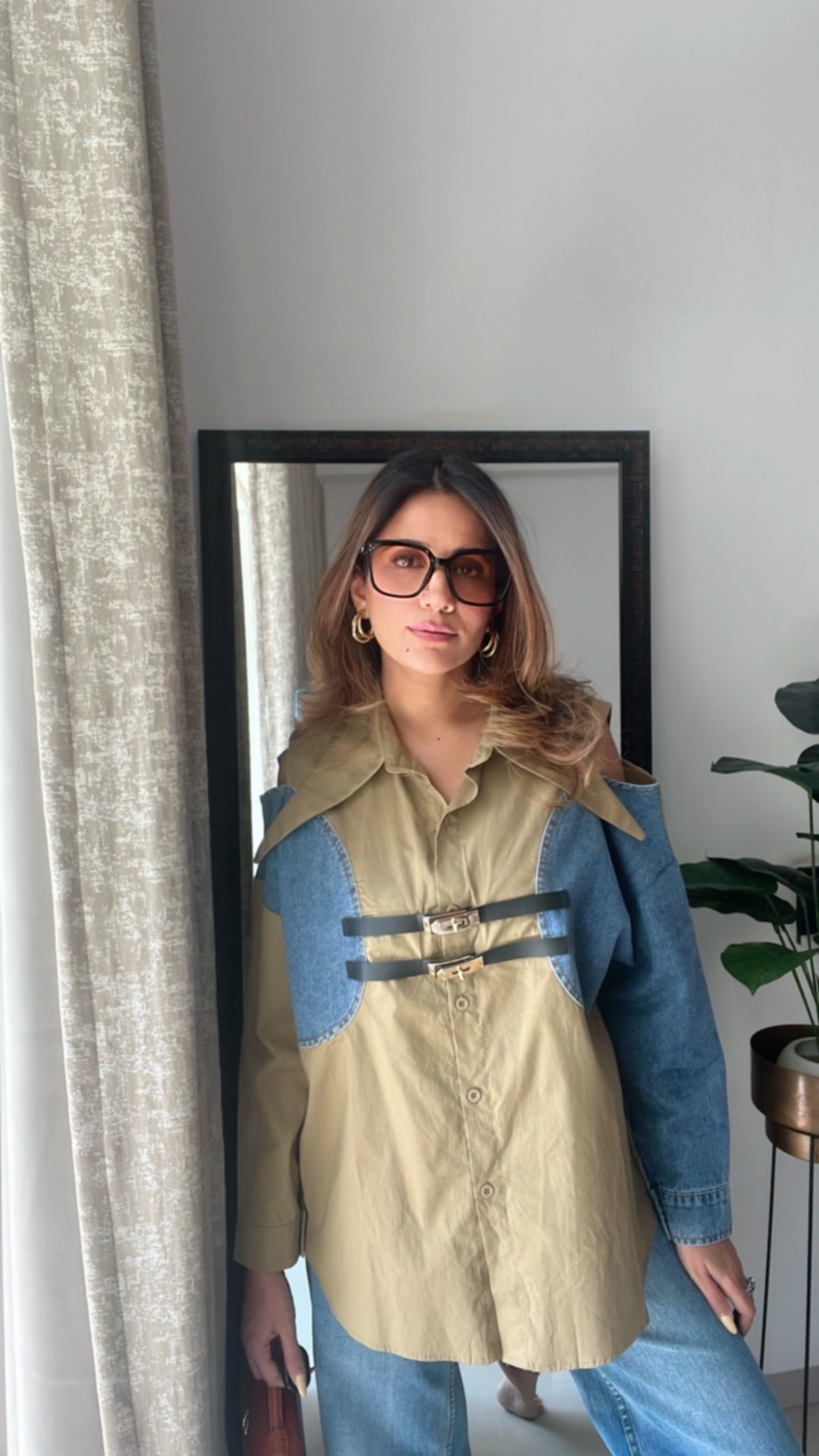 Denim Shoulder Cut Belt detailed Poplin Shirt