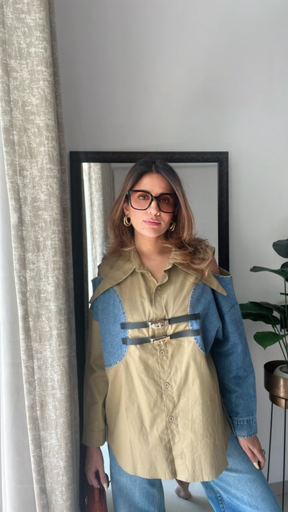 Denim Shoulder Cut Belt detailed Poplin Shirt