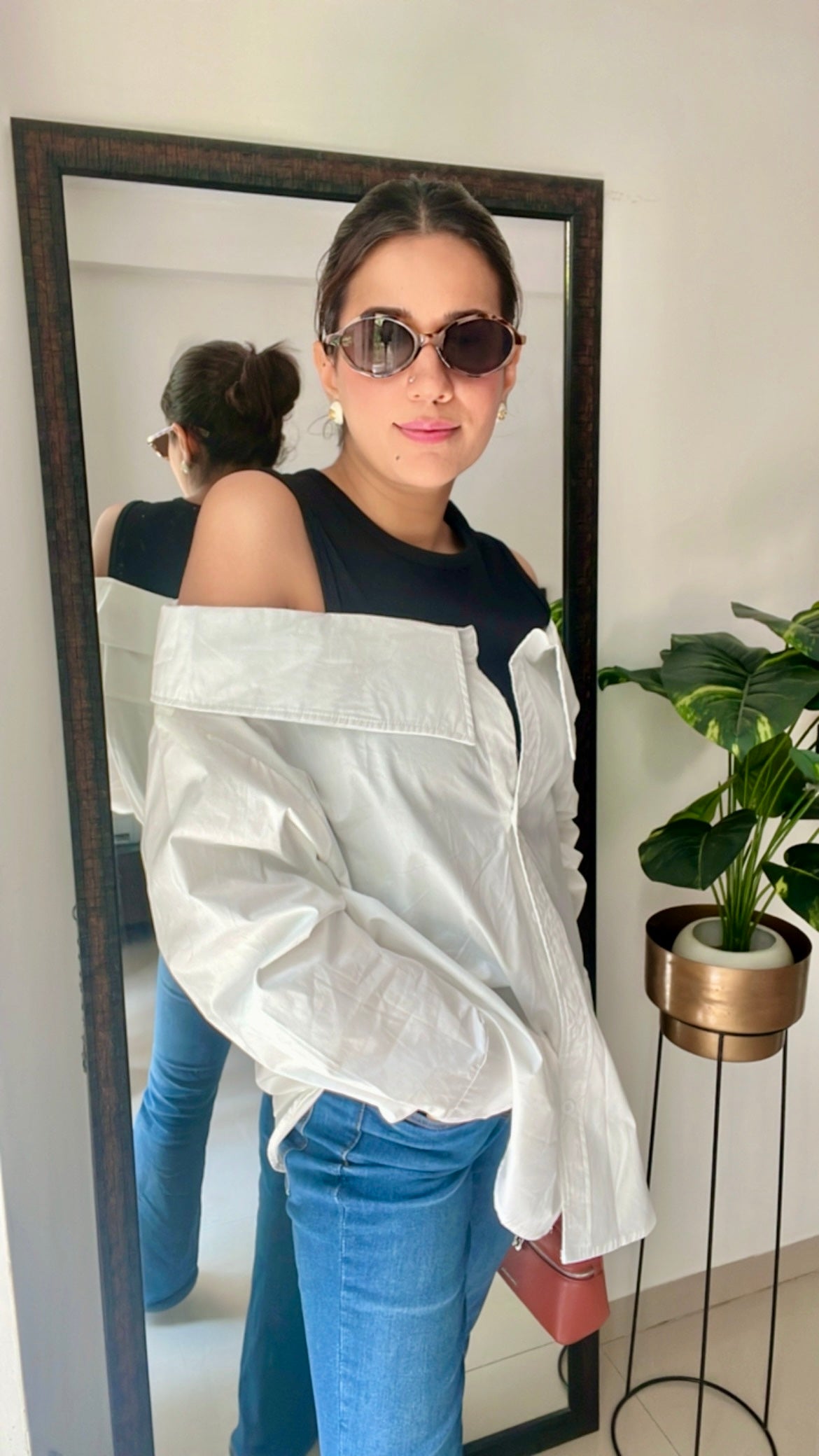 Cold Shoulder Poplin Shirt with Attached tank top