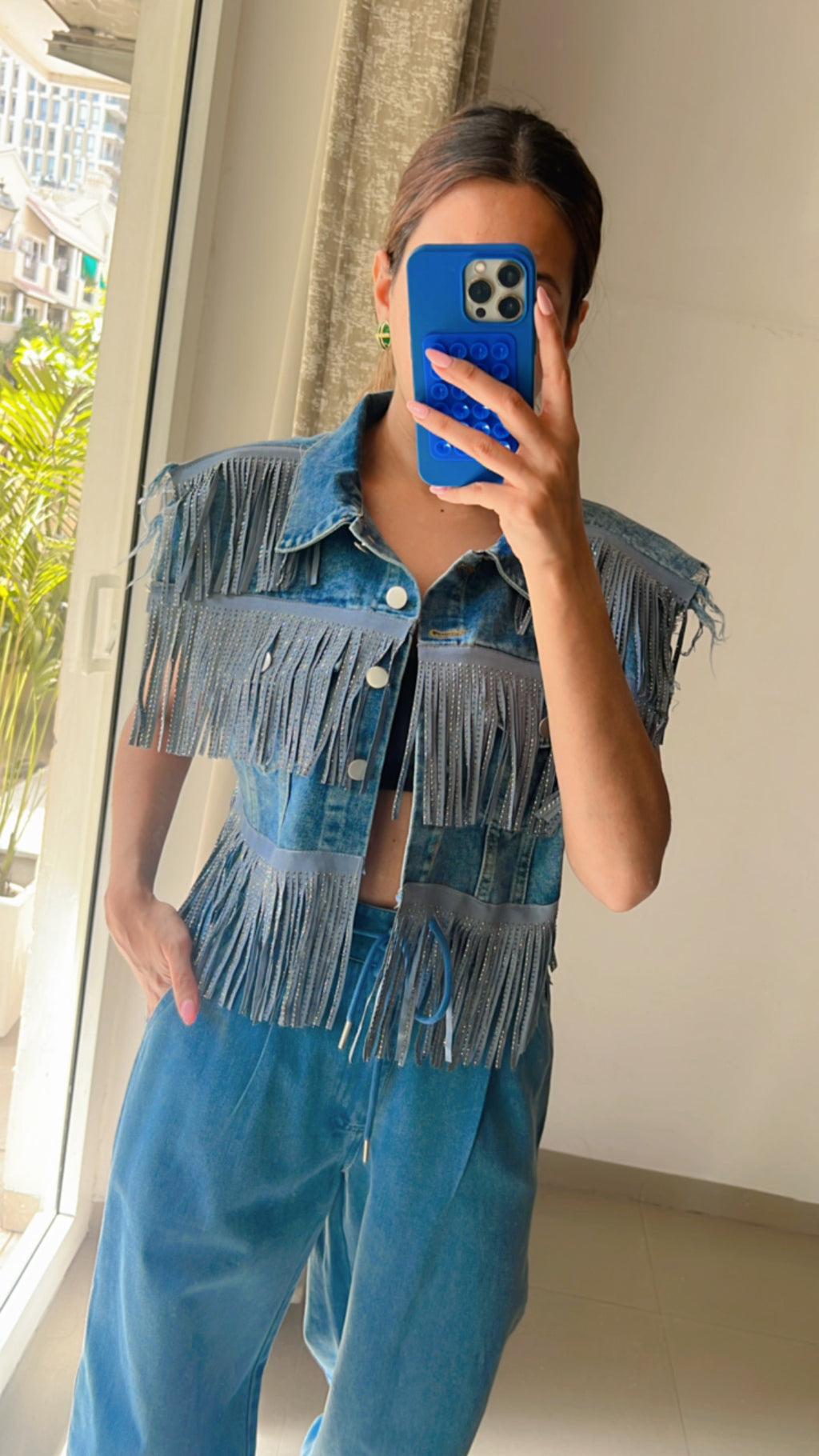 Fringe Swarovski Studded Denim Fall Jacket