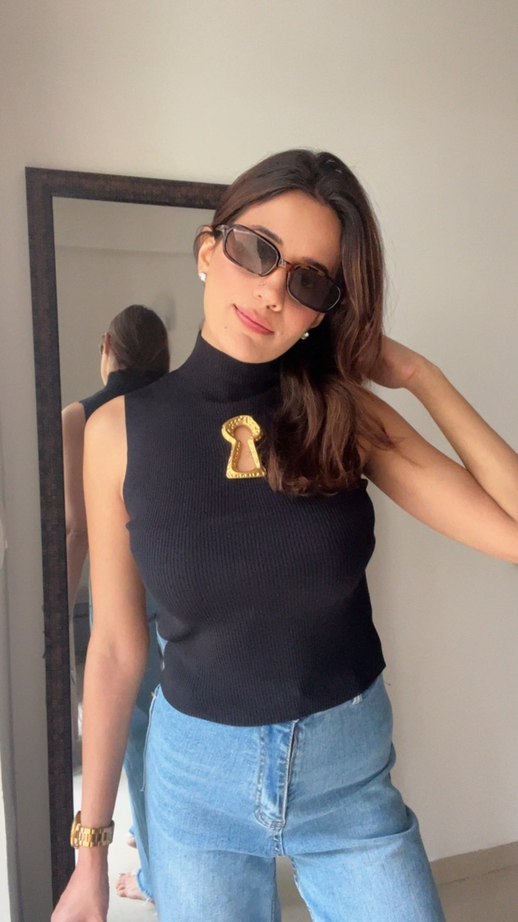 Ribbed Gold Metal Keyhole Tank Top