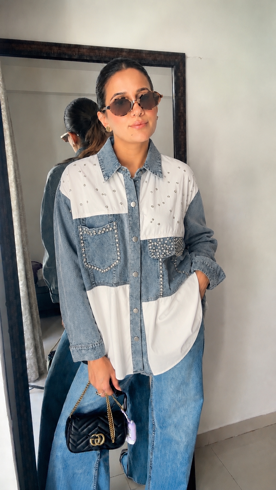 Studded Denim Contrast Statement Shirt