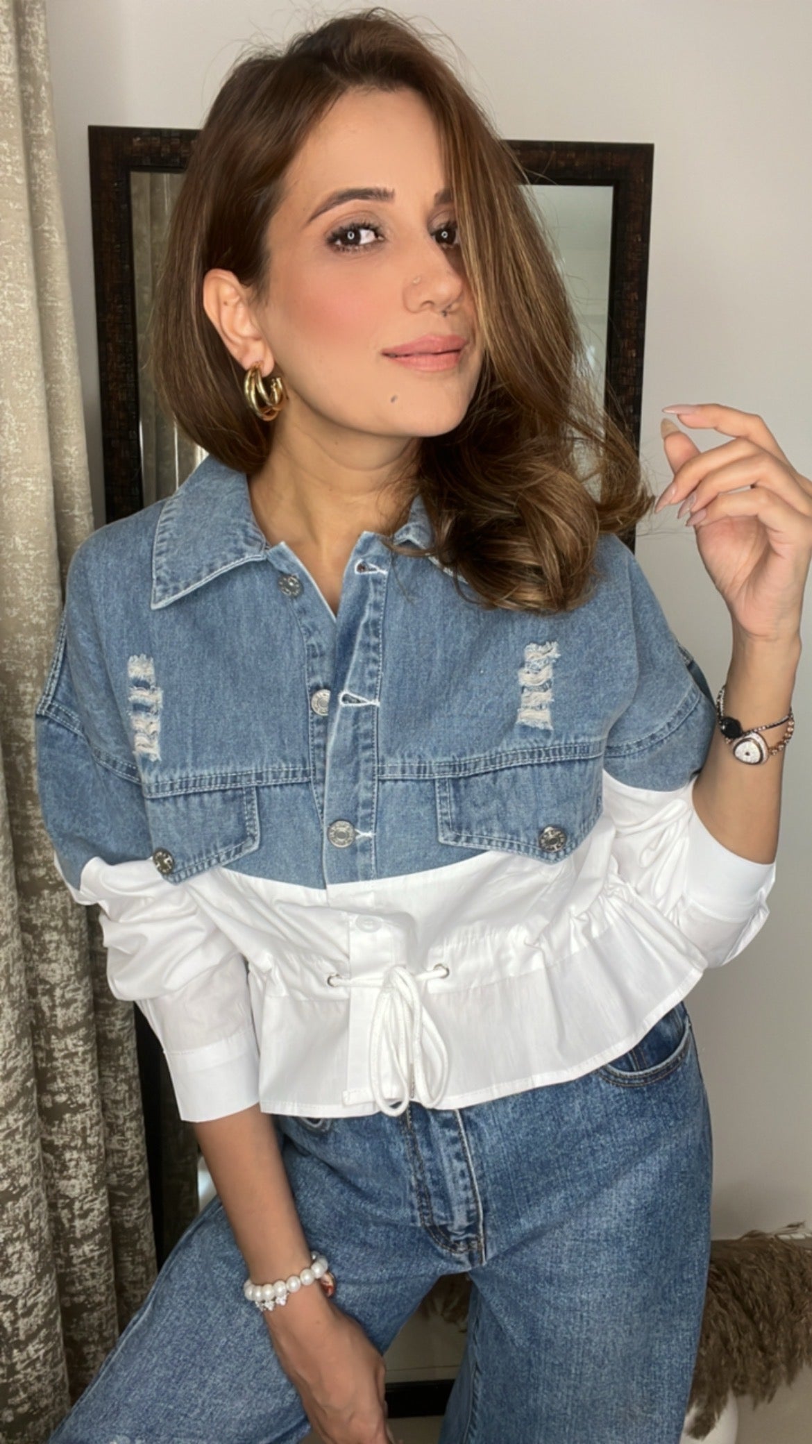 Drawstring Denim Poplin Shirt
