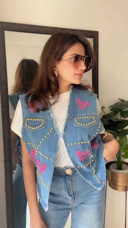 Gold Metal Pink Heart Denim Fall Vest