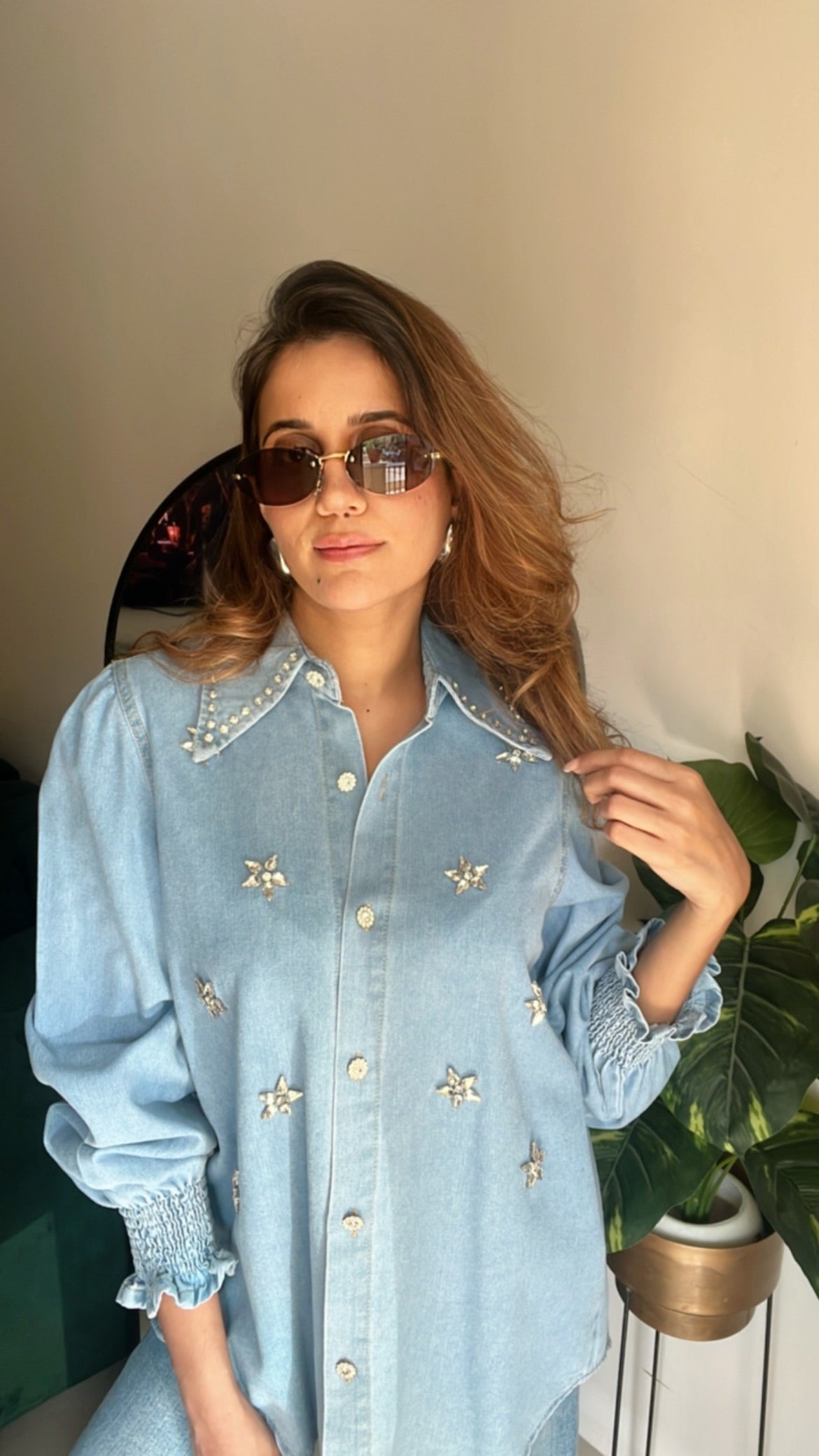 Flower Studded Denim Shirt